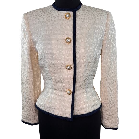 VTG Albert Nipon Cream Navy Crop Jacket Silk Polka Dot Striped Pearl Button Sz 4 - Picture 1 of 5